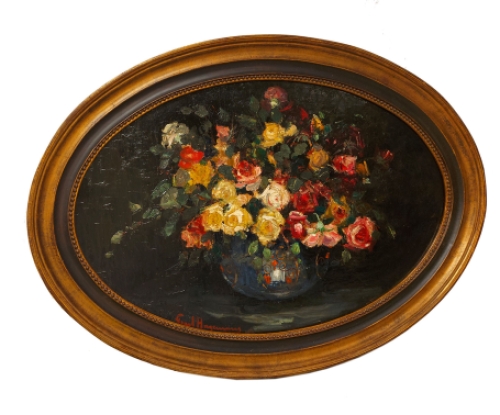 Fraai ovaal schilderij,  bloemenstilleven