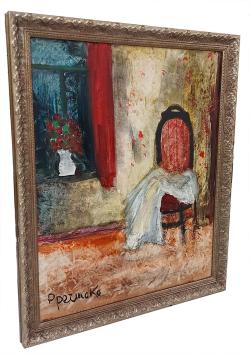 De stoel aan het raam met bloemen op de rijgel