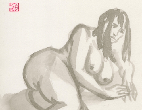 Paul Van Dessel met een naakt aquarel