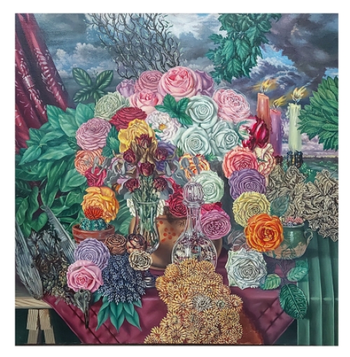 de Belgische kunstenaar Paul Van Dessel met een schilderij