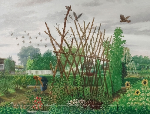 Paul Van Dessel met een schilderij uit 1992