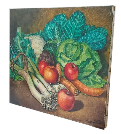 Groenten op canvas, stilleven van P. Van Dessel