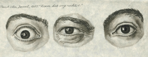 Paul Van Dessel met een tekening uit 1985