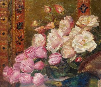 Stilleven met rozen, peren eend en blauw potje 1911