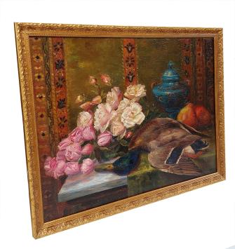 Stilleven met rozen, peren eend en blauw potje 1911