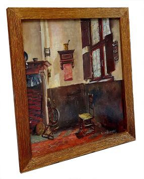 Interieur met stoel en spinnenwiel