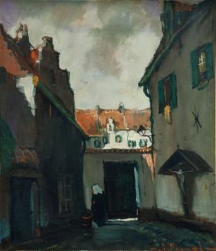 Olieverfschilderij van H J Pauwels van een begintje op wandel