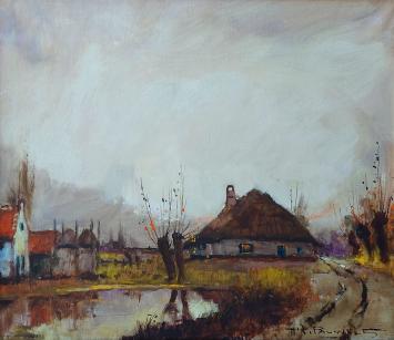 Olieverfschilderij van H J Pauwels van een impressionistisch landschap