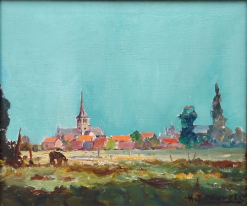 Olieverfschilderij van H J Pauwels van een Impressionistisch landschap
