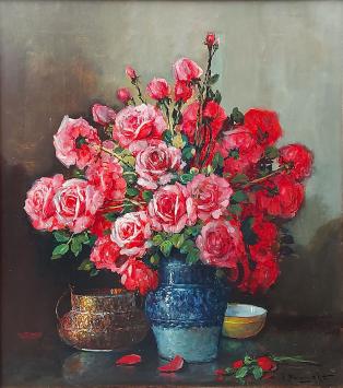 Olieverfschilderij van H J Pauwels van een Impressionistisch bloemenstilleven