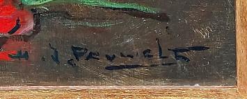 Rode en roze rozen in een blauw geglazuurde pot