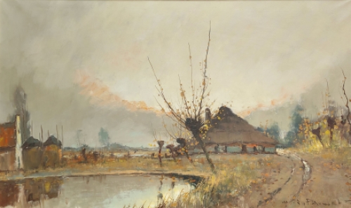 Olieverfschilderij van H J Pauwels van een Impressionistisch landschap