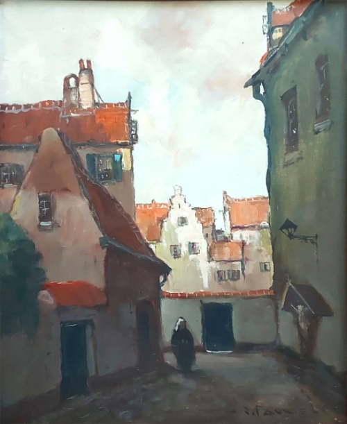 Olieverfschilderij van H J Pauwels van een Impressionistisch gezicht op begijntje in begijnhof