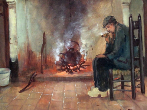 Olieverfschilderij van H J Pauwels van een boer die een pijp rookt