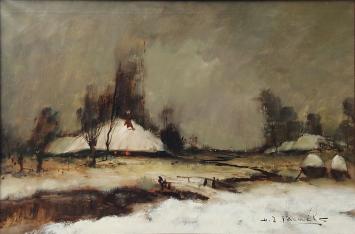 Olieverfschilderij van H J Pauwels van een Impressionistisch sneeuwlandschap