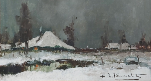 Olieverfschilderij van H J Pauwels van een Impressionistisch gezicht op een hoeve