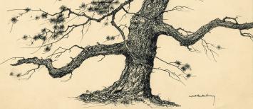 De kempische kunstenaar D. Baksteen met een tekening in Chinese inkt
