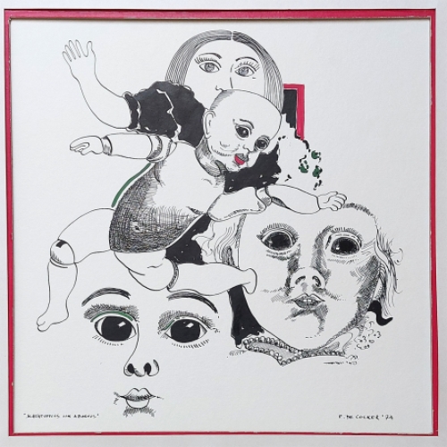Belgische graficus Paul De Cocker met een tekening uit 1974