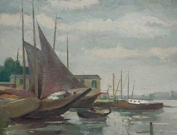 Kunstschilder Peter Colfs met een groot schilderij