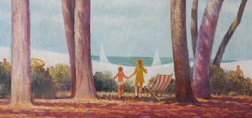 Kunstschilder Peter Colfs met een schilderij op canvas