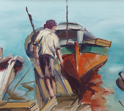 Bootje en een aanlegsteiger geschilderd door Petrus Valckx