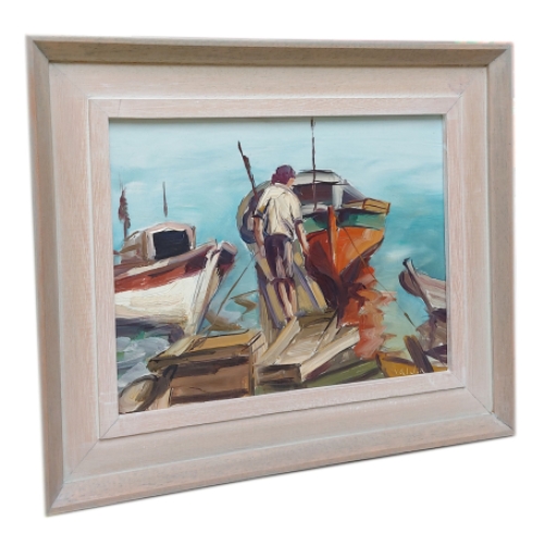 Bootje en schipper aan de aanlegsteiger