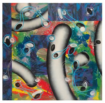 Groot vierkant abstract schilderij met kleurrijke spatten, cilindervormen en zwevende vormen in acryl en spray paint van Phil