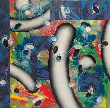 Large square abstract painting with colourful splashes, cylindrical shapes and floating elements in acrylic and spray paint b