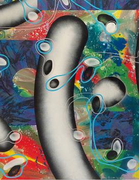 Grand tableau abstrait carré aux éclats de couleurs, formes cylindriques et éléments flottants en acrylique et peinture en sp