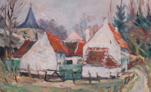 De Belgische schilder Pierre Thévenet met een landschap