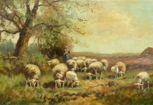 Schaapherderin in landschap