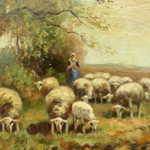 Schaapherderin in landschap