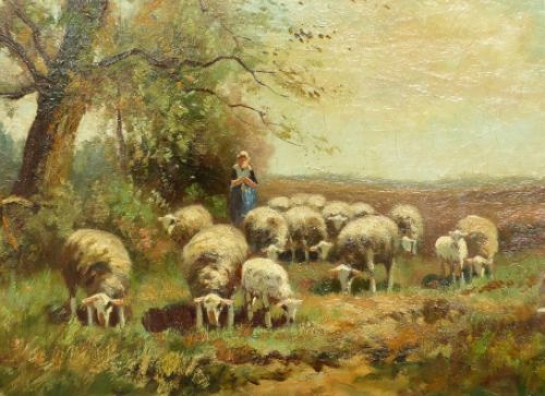 Schaapherderin in landschap