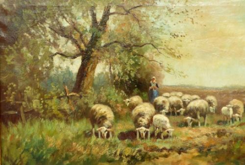 Schaapherderin in landschap