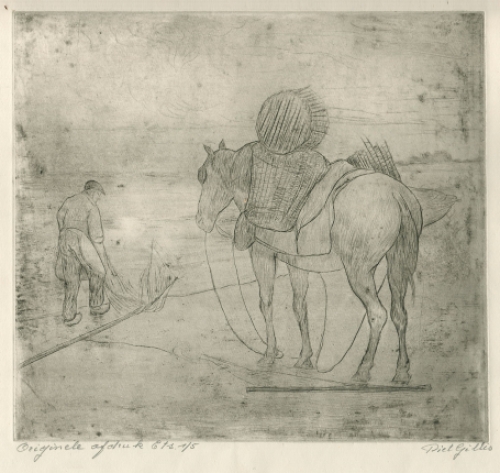 Belgische etser Piet Gillis met een ets van de zee