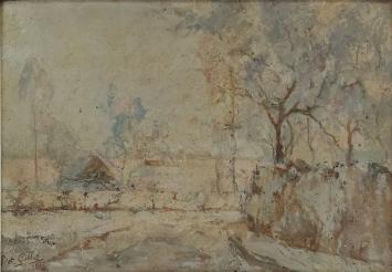 De Belgische schilder Piet Gillis met een landschap