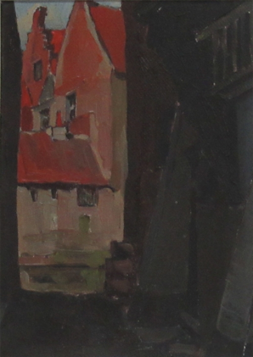 Piet Lippens met een olieverfschilderij op karton