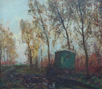 Schilderij met woonwagen van Pieter Gorus