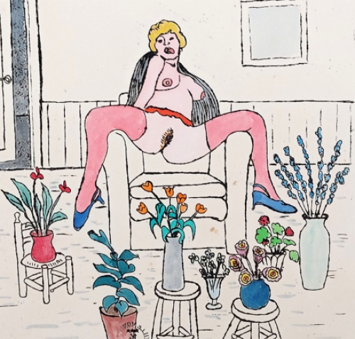 De Nederlandse kunstenaar Pieter Holstein met een erotisch kunstwerk