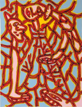 Pjeroo Roobjee met een zeefdruk uit 1989