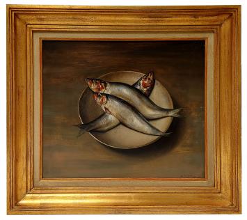 Nature morte de trois sardines argentées sur une assiette, peinte de façon hyperréaliste par Pol Verswijver en 1975, avec arr