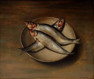 Still life with three silver sardines on a plate, hyperrealistically painted by Pol Verswijver in 1975, with plain background