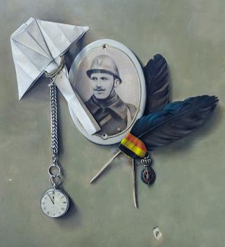 Belgische kunstenaar Pol Verswijver met een fijnschilderij