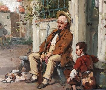 Gérard Portielje met een schilderijtje op paneel