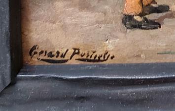 Speels tafereeltje, oude man met kind op de bank op straat