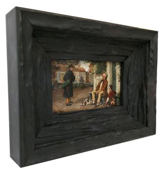 Speels tafereeltje, oude man met kind op de bank op straat