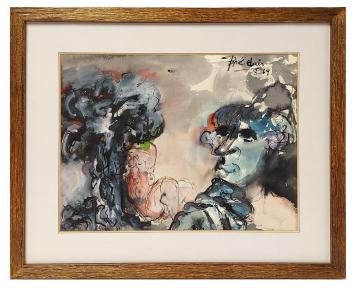 Bernadette Prédair met een aquarel uit 1969