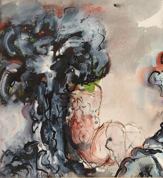 Bernadette Prédair met een kunstwerkje in een kader uit 1969