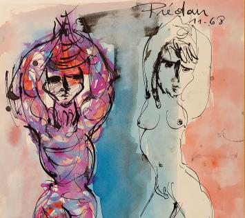 Bernadette Prédair met een kunstwerkje in een kader uit 1968