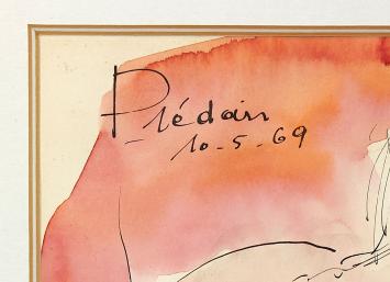 Bernadette Prédair met een kunstwerkje in een kader uit 1969
